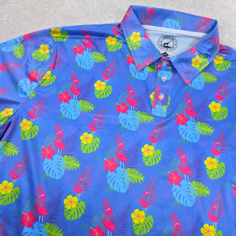 Proud 90‎ Polo Shirt Mens 2X Blue Floral Flamingo Print Golf Performance Stretch